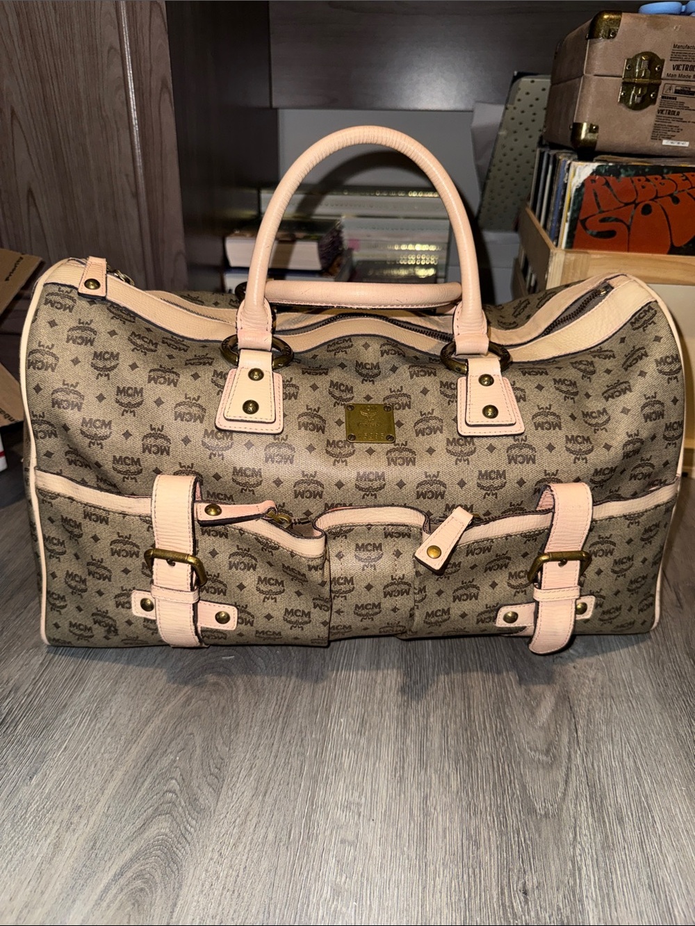 MCM Beige Visetos Canvas Travel Duffel with Pink Leather Trim